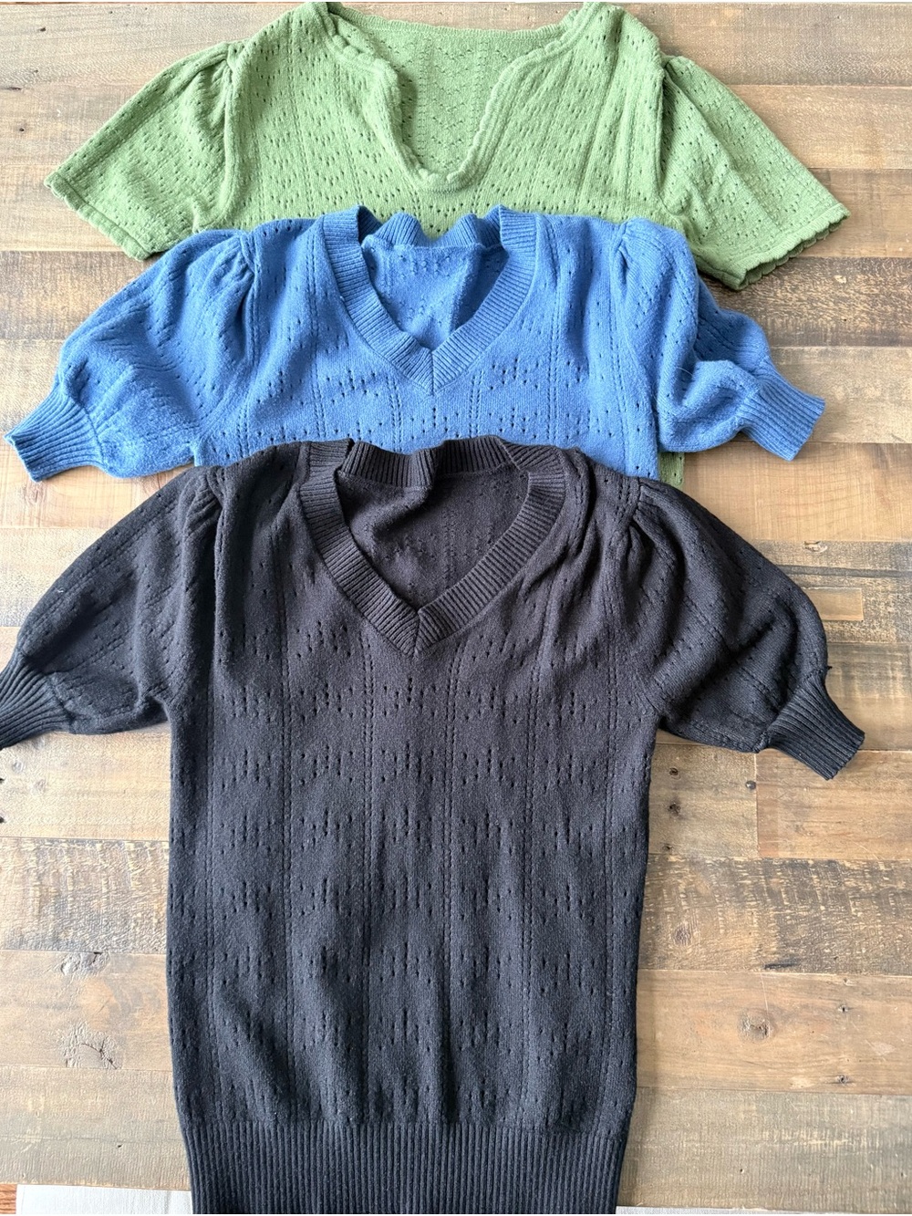 Women’s V-Neck Short Sleeve Knit Top - Black, Blue, Green